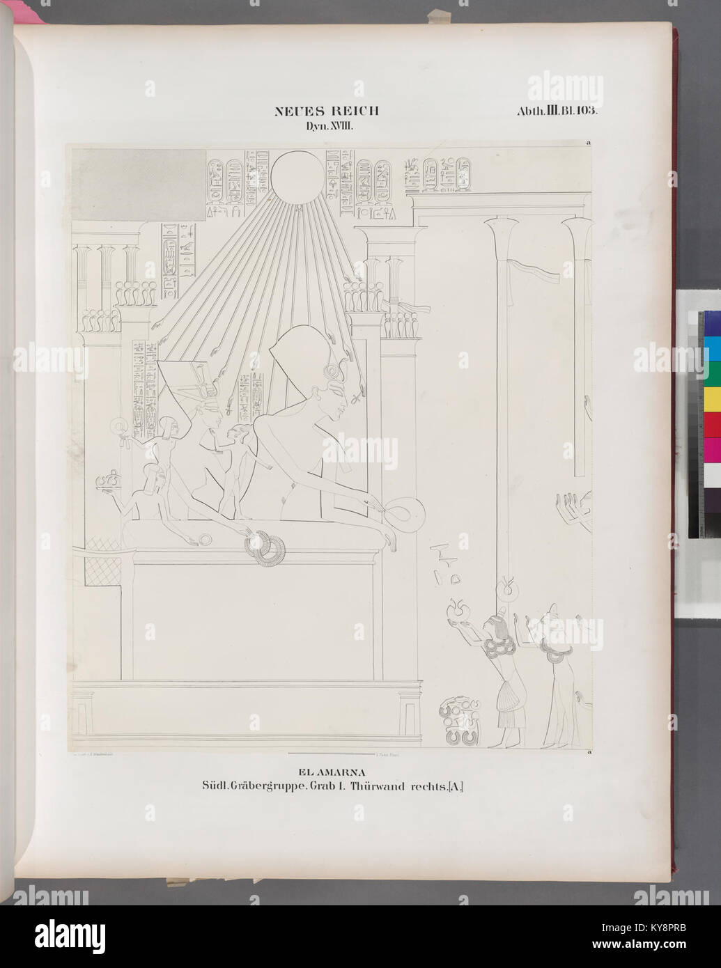 Die rechte Wand von Grab 1 in der südlichen Grabgruppe von El Amarna (Tell el-Amarna), Ägypten, aus der 18. Dynastie des Neuen Königreichs, mit Grabreliefs und ägyptischer Kunst. Stockfoto