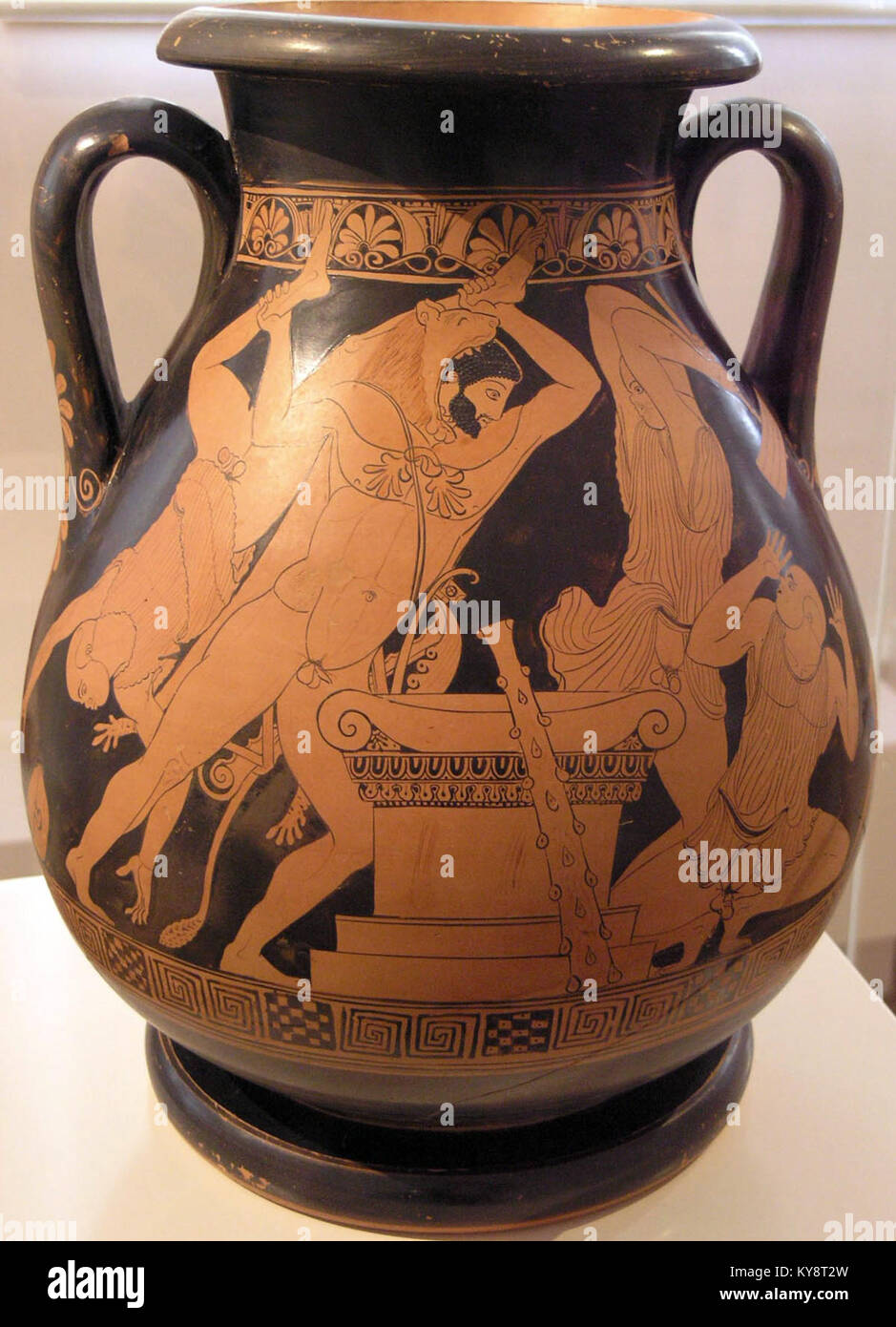 Darstellung von Herakles und Busiris, Figuren aus der altägyptischen und griechischen Mythologie, die Themen göttlicher Macht, Stärke und mythologischer Konflikte darstellen. Stockfoto