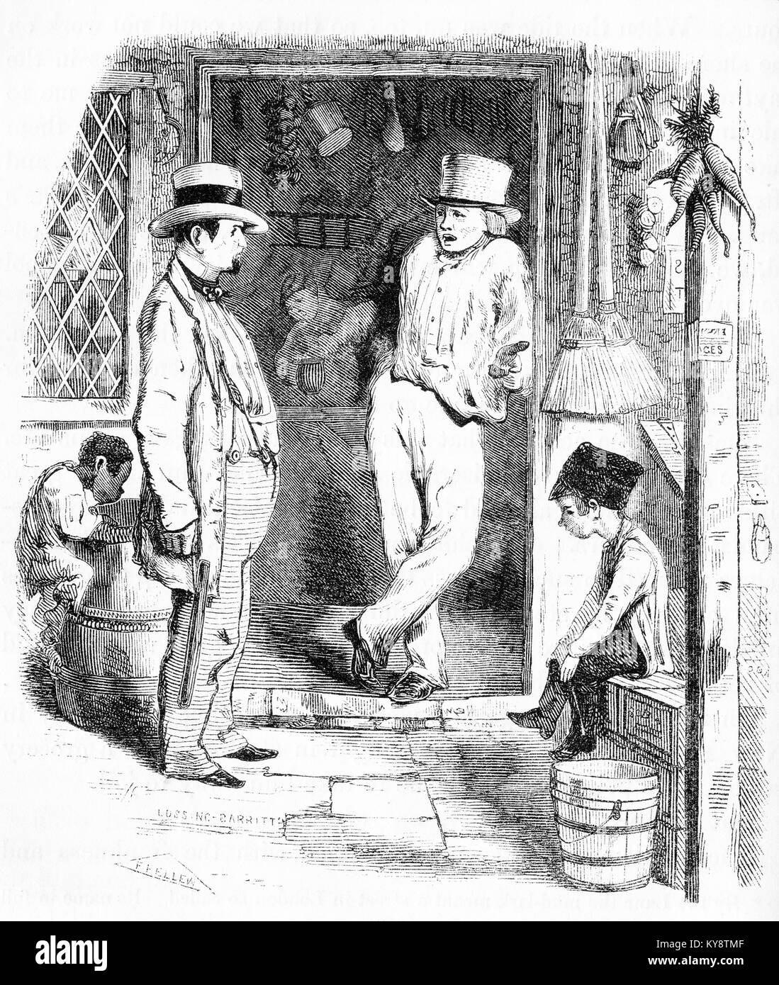 Gravur eines jungen Taschendiebstahl ein Mann in einer Londoner Straße Szene während der viktorianischen Ära. Von einem ursprünglichen Gravur in der Harper Geschichte Bücher von Jacob Abbott, 1854. Stockfoto