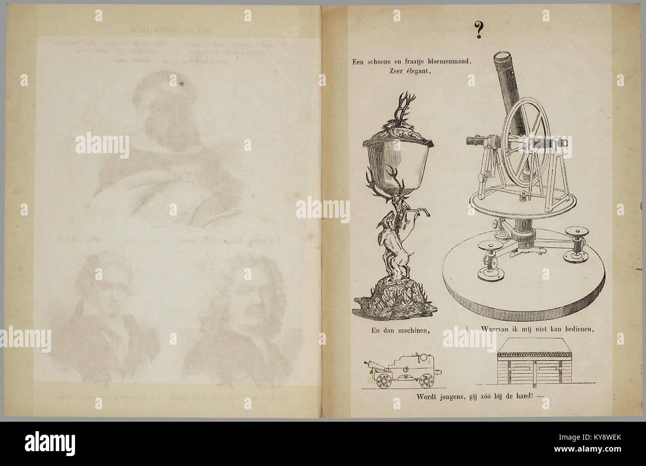 Eine Illustration aus „Sythoff's Prentenboek“, die ein Bücherregal zeigt, das den Illustrationsstil europäischer Kinderbücher des frühen 20. Jahrhunderts hervorhebt. Stockfoto