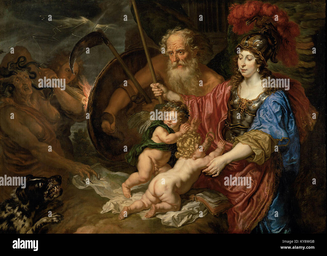 Ein Kunstwerk von Joachim von Sandrart aus dem Jahr 1644 mit dem Titel „Minerva und Saturn beschützen Kunst und Wissenschaft“, das Minerva und Saturn als symbolische Beschützer von Kunst und Wissenschaft darstellt. Stockfoto