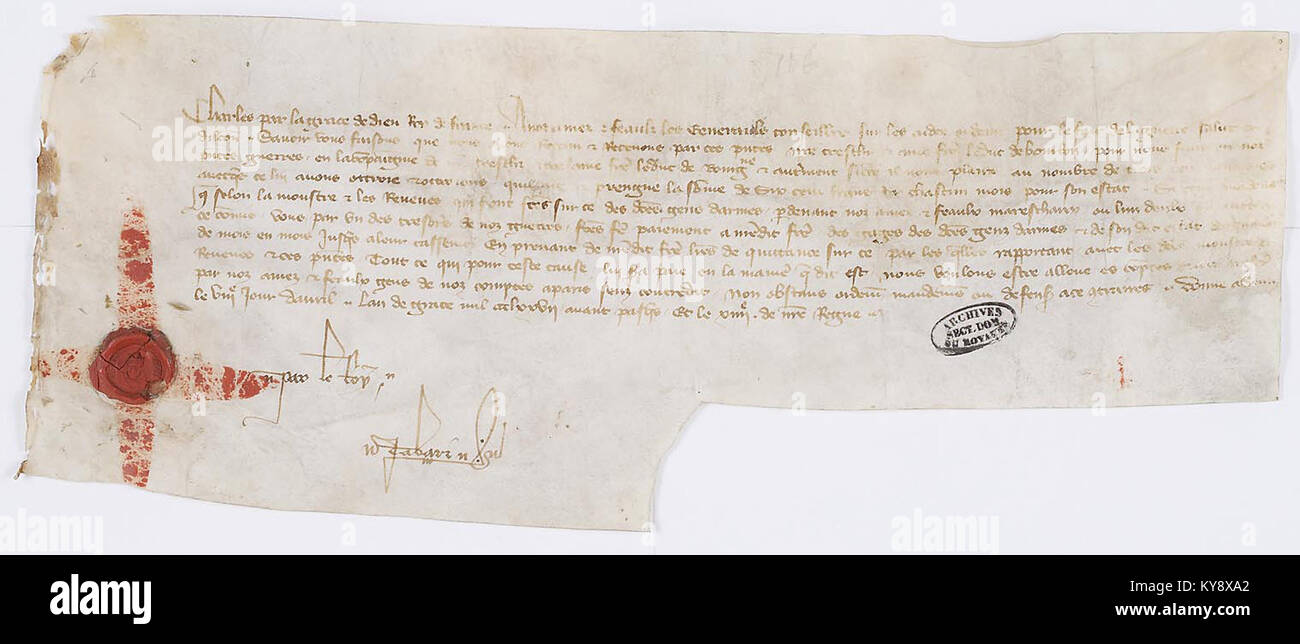 Ordre de paiement délivré par Charles V pour les Dehnungsmessstreifen d'une Compagnie de gens de guerre. - Archiv Nationales-AE-II-399 Stockfoto