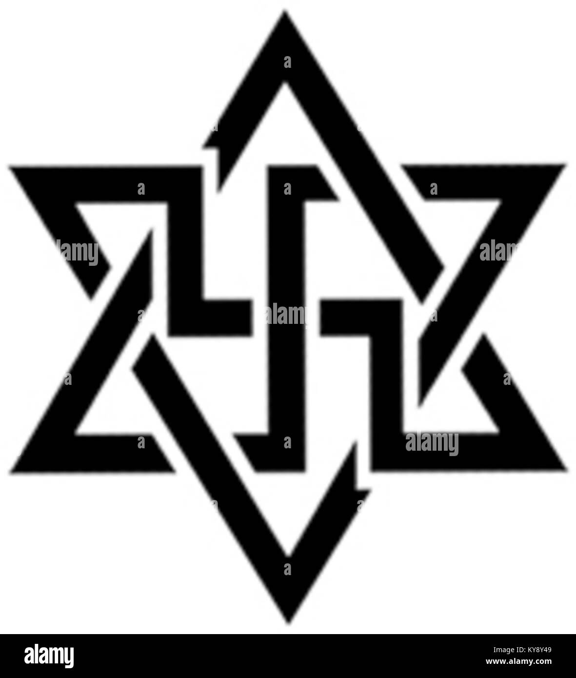 Darstellung des offiziellen Emblems der Raelian Movement, einer in den 1970er Jahren gegründeten spirituellen Organisation, die Überzeugungen über das außerirdische Leben und die menschliche Evolution repräsentiert. Stockfoto