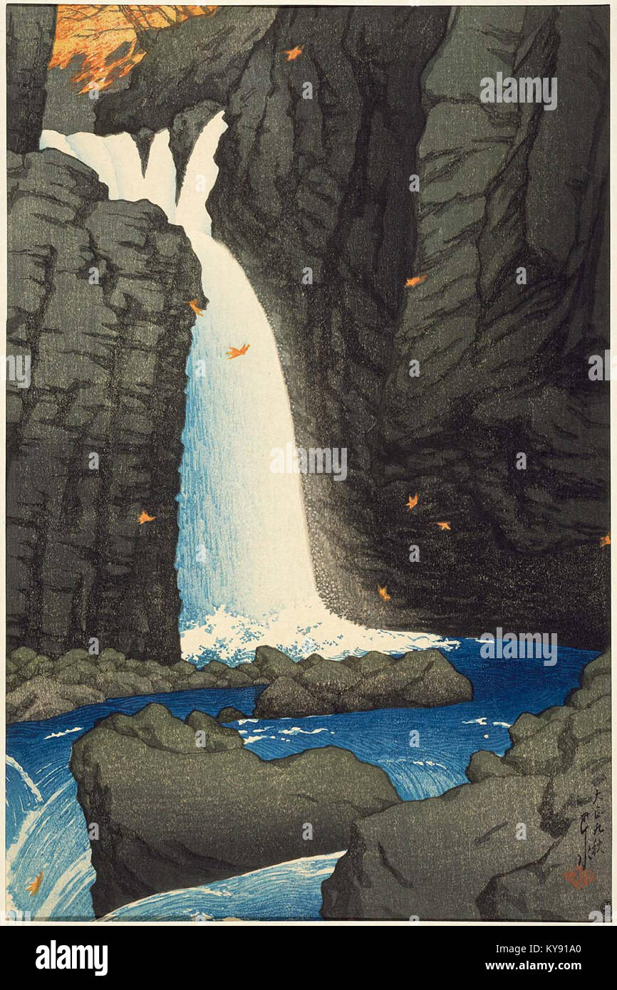 Dieser Holzschnitt von Kawase Hasui aus dem Jahr 1920 zeigt die Yuhi-Fälle in Shiobara, Japan, und zeigt die ruhige Schönheit des Wasserfalls in einer ruhigen Landschaft. Stockfoto