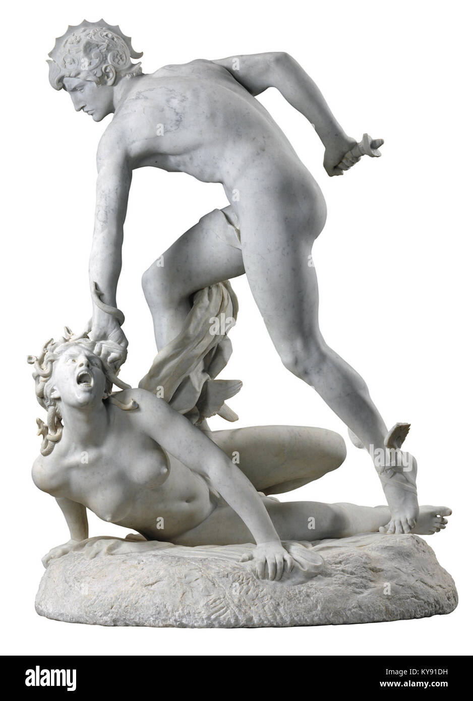 Eine Skulptur von Laurent-Honoré Marqueste mit dem Titel „Persée et la Gorgone“, die den mythologischen Helden Perseus darstellt, der den Gorgon gegenüberstellt, und die französische Skulptur des 19. Jahrhunderts und die klassische Mythologie illustriert. Stockfoto