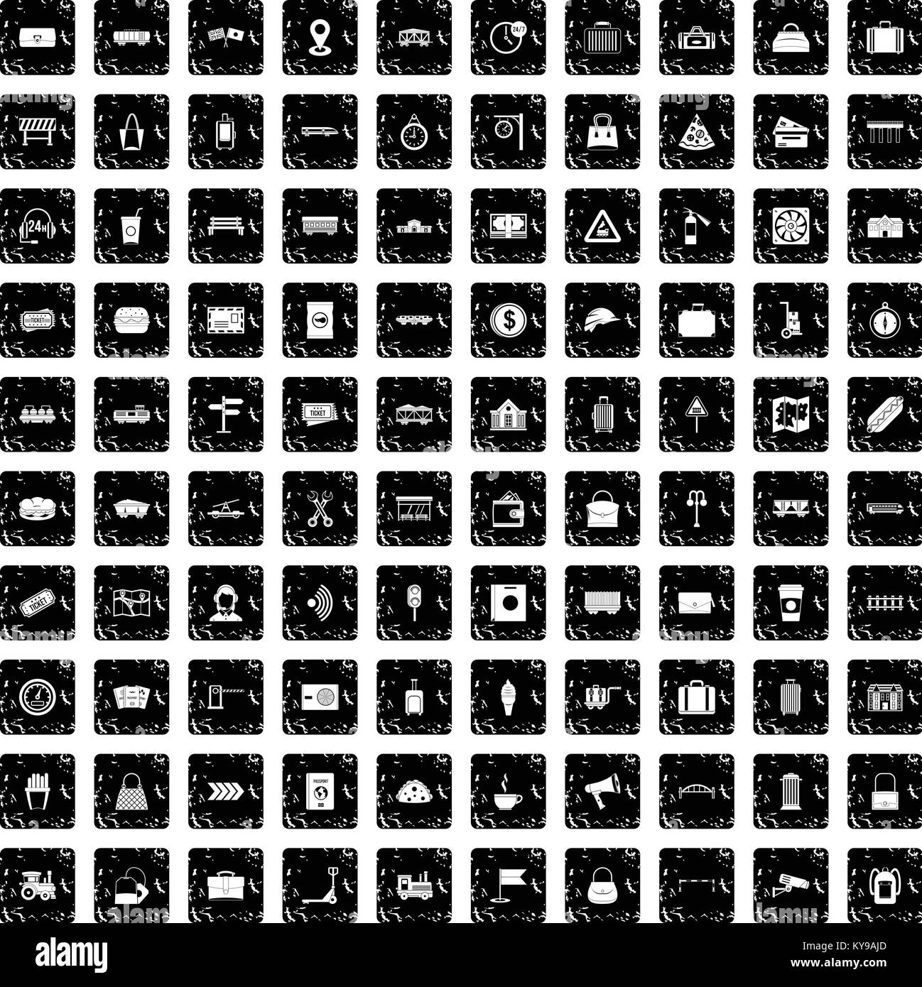 100 Eisenbahn Symbole in Grunge style Set isoliert Vector Illustration