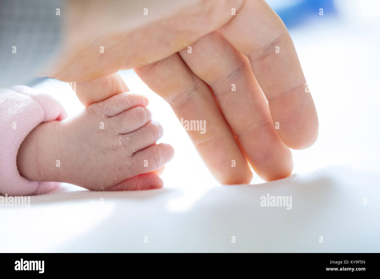 Die neugeborenen Mädchen, dass Mutter den kleinen Finger. Geringe Tiefenschärfe. Stockfoto
