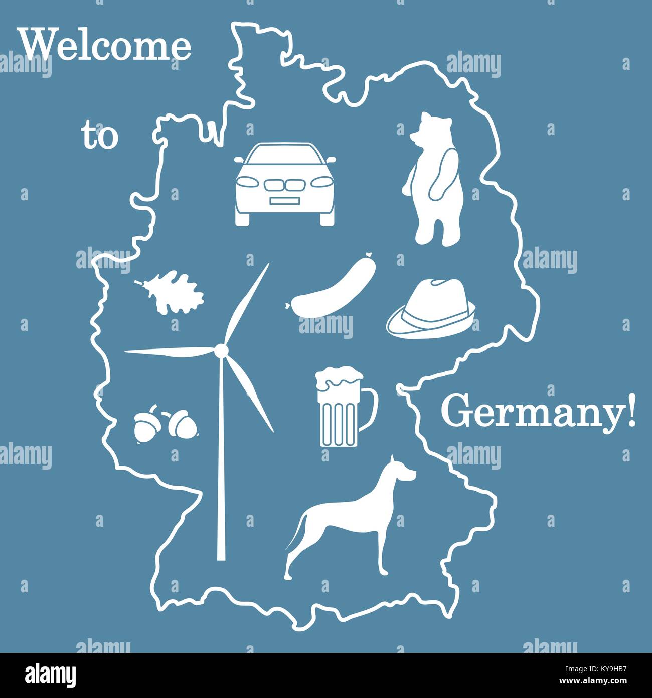 Vector Illustration mit verschiedenen Symbolen in Deutschland. Reisen und Freizeit. Design für Banner, Poster oder Drucken. Stock Vektor