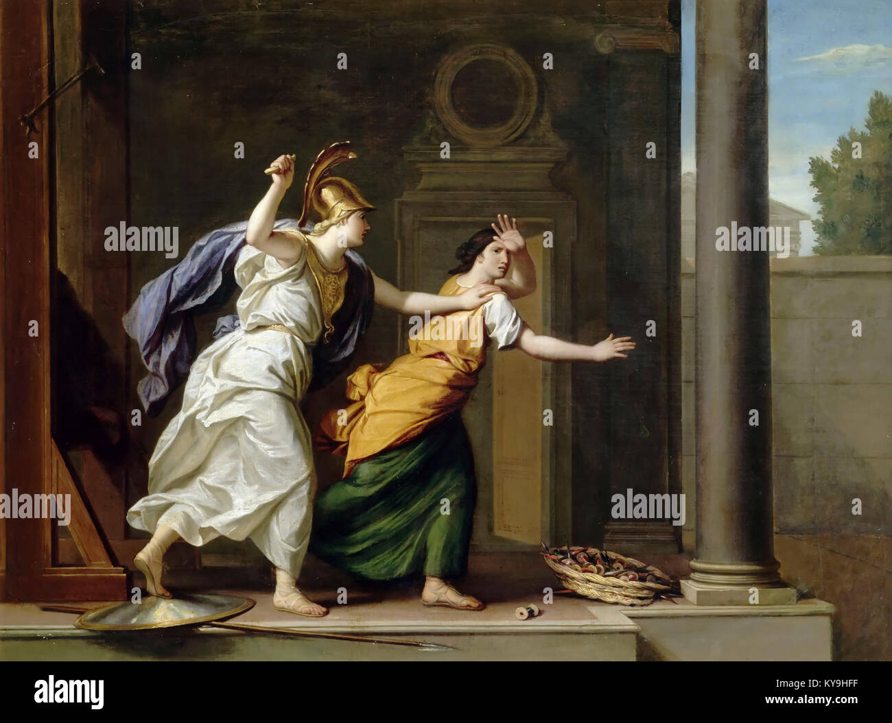 Das Gemälde „Minerve et Arachne“ von René-Antoine Houasse in Versailles, Frankreich, zeigt die mythologische Geschichte aus Ovids Metamorphosen und veranschaulicht den barocken künstlerischen Stil. Stockfoto