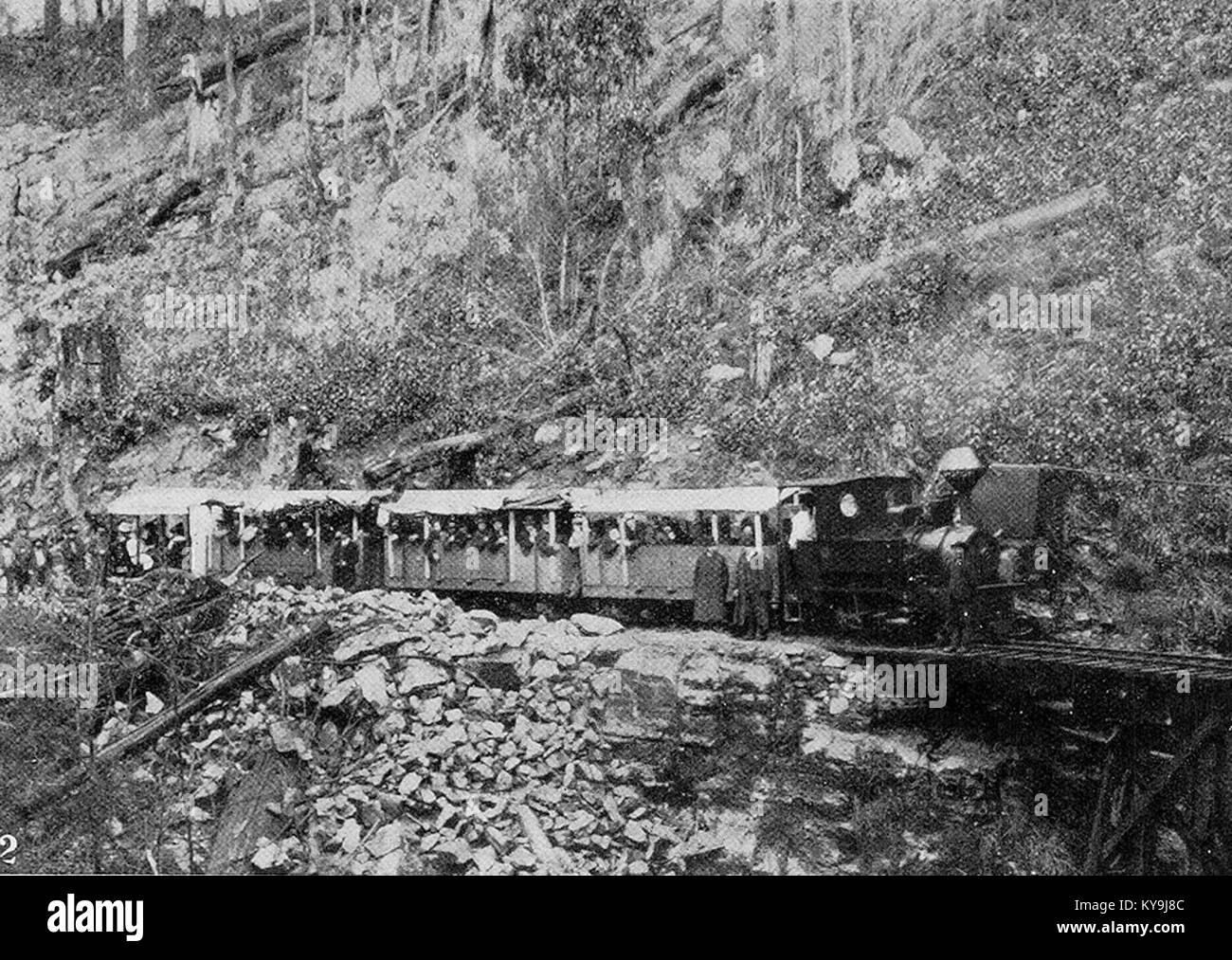Die Sandfly Colliery Tramway aus dem Jahr 1907 zeigt die industrielle Transportinfrastruktur des frühen 20. Jahrhunderts, die mit dem Kohlebergbau verbunden ist. Stockfoto