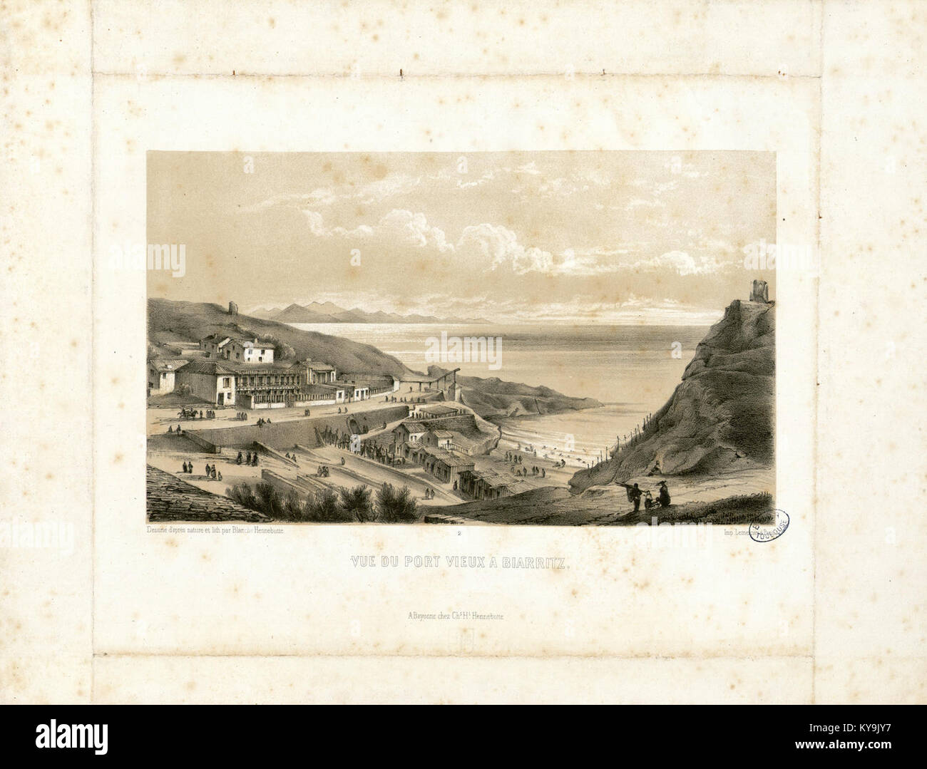 Historischer Blick auf Port Vieux in Biarritz, Frankreich, mit Blick auf die Küstenlandschaft aus dem 19. Jahrhundert, die Hafenarchitektur und die umliegenden landschaftlichen Besonderheiten der Region. Stockfoto