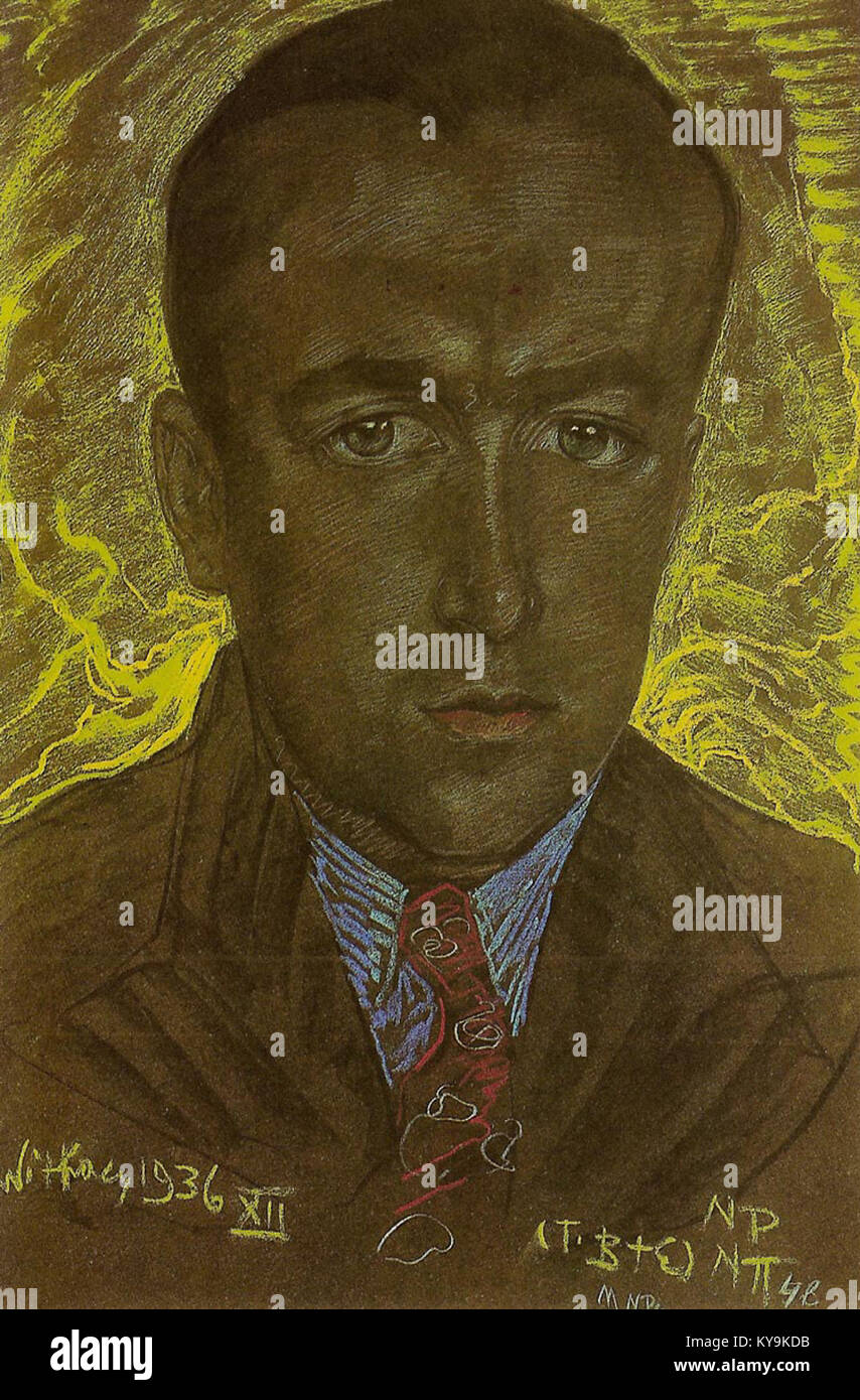 Witkacy-Portret mężczyzny 4 ist eines der berühmten Porträts des polnischen Künstlers Stanisław Witkiewicz (Witkacy), bekannt für seinen ausgeprägten expressionistischen Stil, der emotionale Tiefe und komplexe menschliche Psychologie einfängt. Stockfoto
