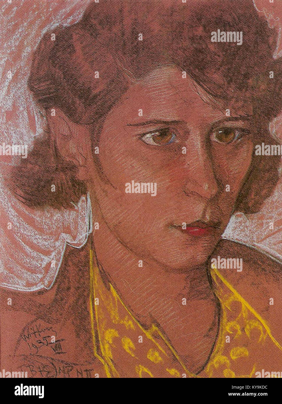 Dieses von der renommierten Künstlerin Witkacy geschaffene Porträt zeigt Józefina Koninska, die ihr Bild mit einem Fokus auf Ausdruck und emotionaler Tiefe einfängt, charakteristisch für Witkacy’s unverwechselbaren Stil der psychologischen Porträtkunst. Stockfoto