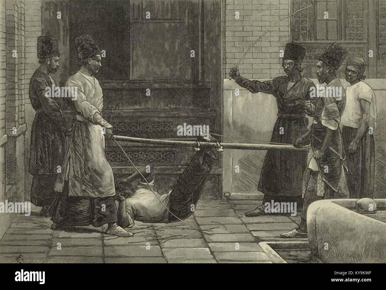 "Der Bastinado in Persien" von R. G. Felix aus dem Jahr 1872 zeigt eine historische Bestrafungsmethode, die in Persien im 19. Jahrhundert angewandt wurde. Stockfoto