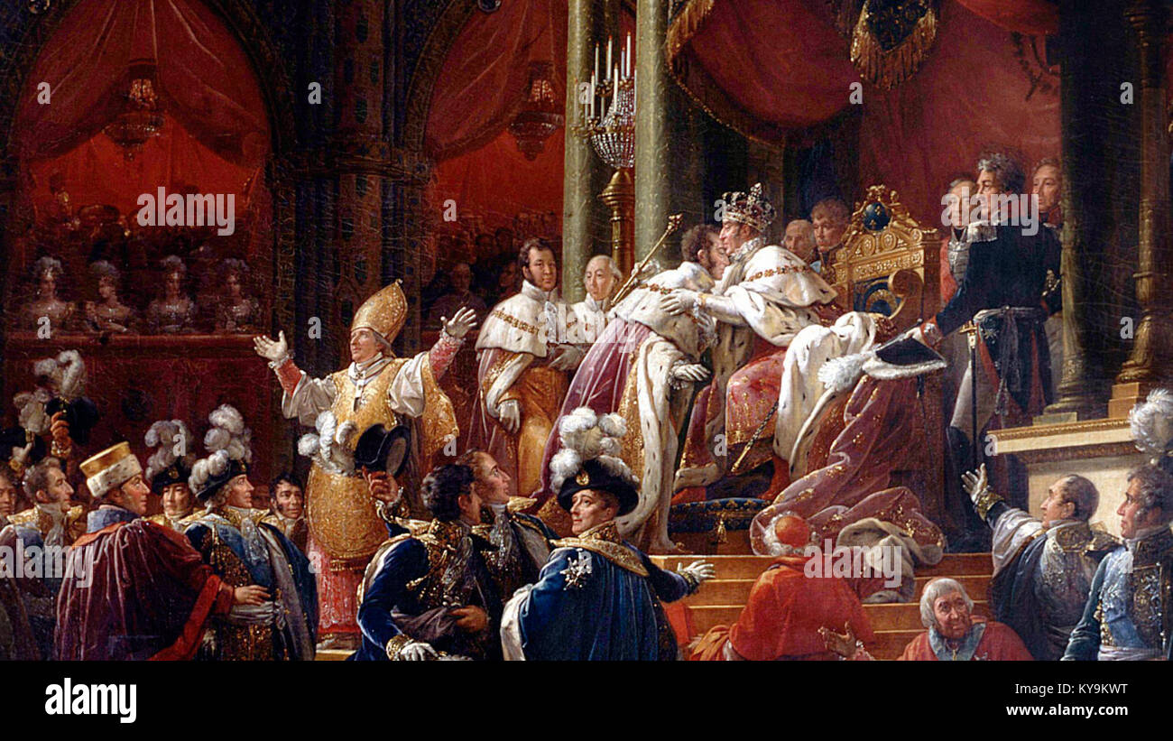 Das Kunstwerk „Sacre de Charles X.“ zeigt die Krönung von König Karl X. in Frankreich und veranschaulicht die königliche Zeremonie, die französische Monarchie und die europäischen historischen Ereignisse des 19. Jahrhunderts. Stockfoto