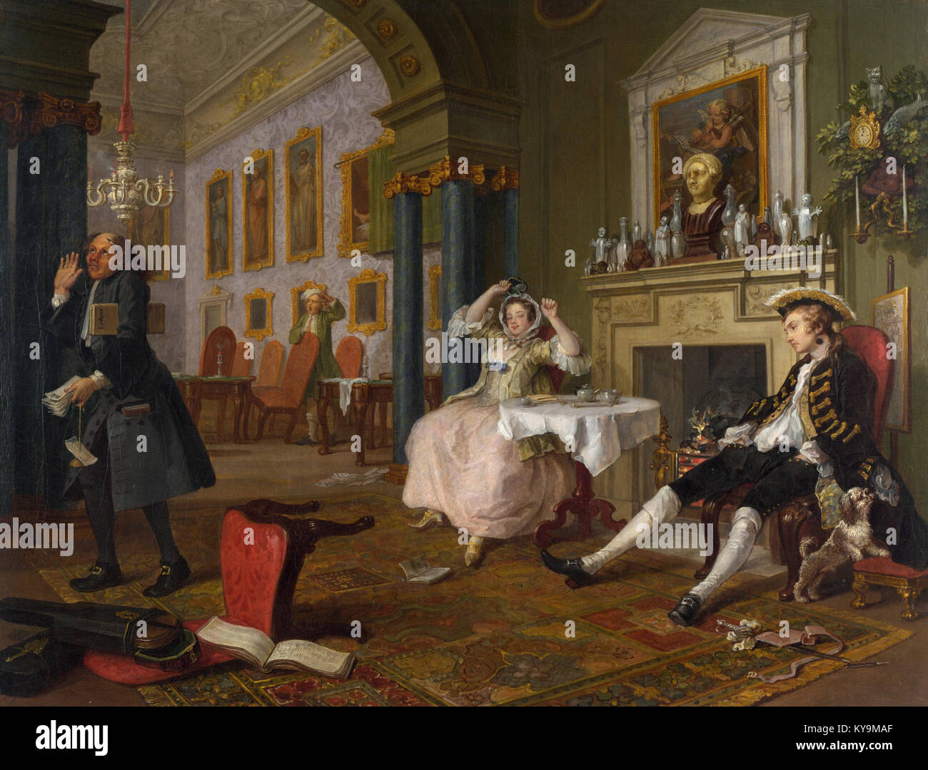 „The Toilette“ ist ein Gemälde von William Hogarth aus seiner Serie „Marriage A-la-Mode“, das eine satirische Ansicht der aristokratischen Ehe und der sozialen Gebräuche im England des 18. Jahrhunderts darstellt. Stockfoto