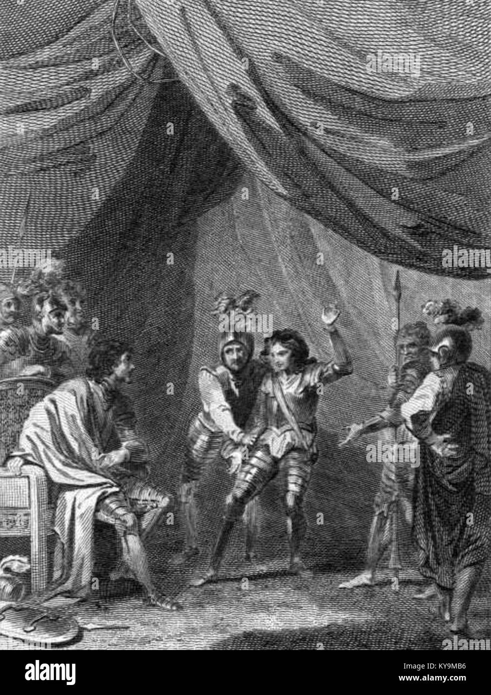 Historisches Gemälde, das den Prinzen von Wales darstellt, der König Eduard IV. Nach der Schlacht von Tewkesbury darstellte und die spätmittelalterliche englische Geschichte illustriert. Stockfoto