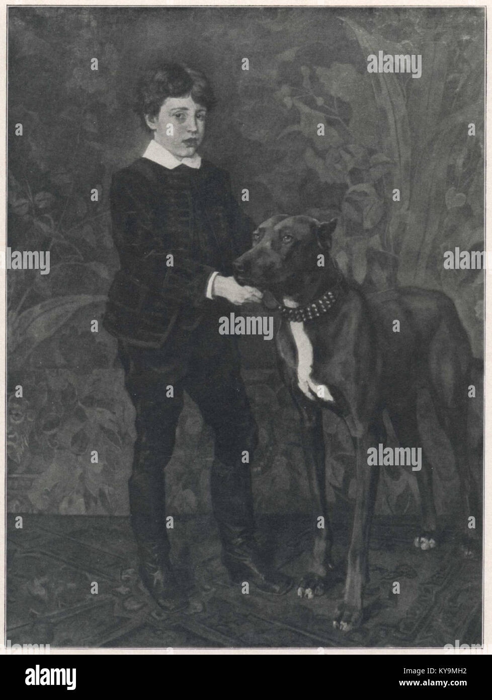 Gemälde von Wilhelm Trübner, das einen Jungen mit einer Großdäne zeigt, ein Beispiel für eine realistische deutsche Porträtdarstellung des späten 19. Jahrhunderts. Stockfoto