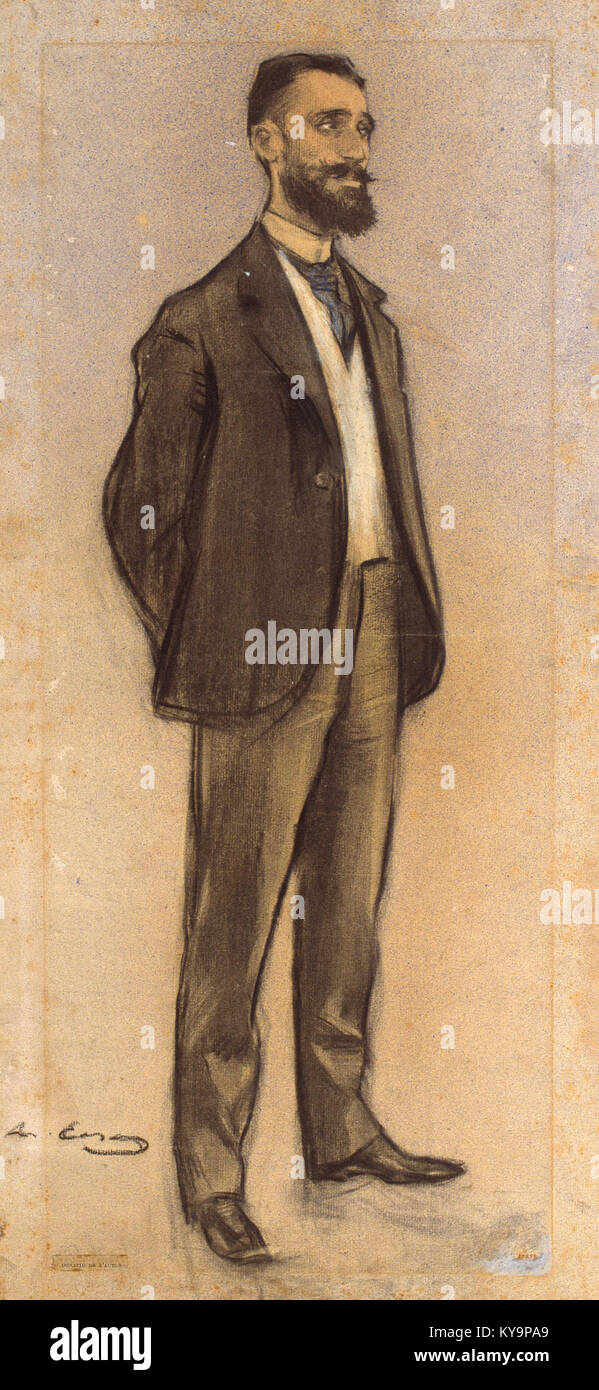 Ramon Casas Porträt von Jaume Massó i Torrents ist Teil der MNAC-Sammlung in Barcelona. Das Stück spiegelt den Ansatz des Künstlers wider, individuelle Bilder zu erfassen und wird in Holzkohle, Pastellfarben und Tinte ausgeführt. Stockfoto