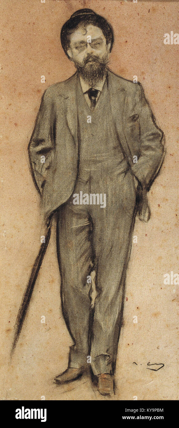 Dieses Porträt von Ramon Casas zeigt den spanischen Komponisten Isaac Albéniz und ist Teil der MNAC-Sammlung in Barcelona. Das Werk veranschaulicht Casas’ Porträtkunst mit Kohle, Pastell und Tinte. Stockfoto