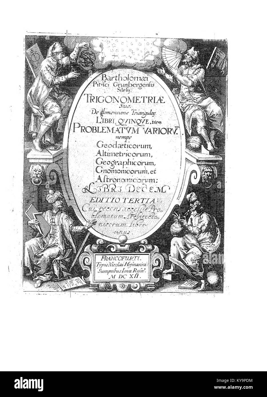 Mathematische Abhandlung 'Trigonometriae sive de dimensione triangulorum' von Pitiscus, veröffentlicht 1612–1654, die trigonometrische Grundlagen und frühmoderne mathematische Beiträge beschreibt. Stockfoto