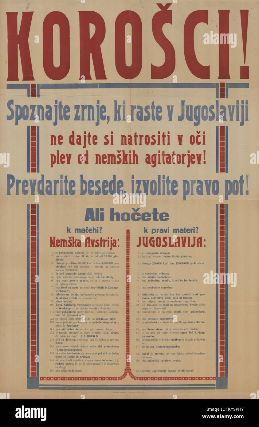 Ein Poster aus dem Jahr 1920 über die Volksabstimmung von Korošci, das das bürgerliche oder politische Engagement während dieser Zeit veranschaulicht. Stockfoto