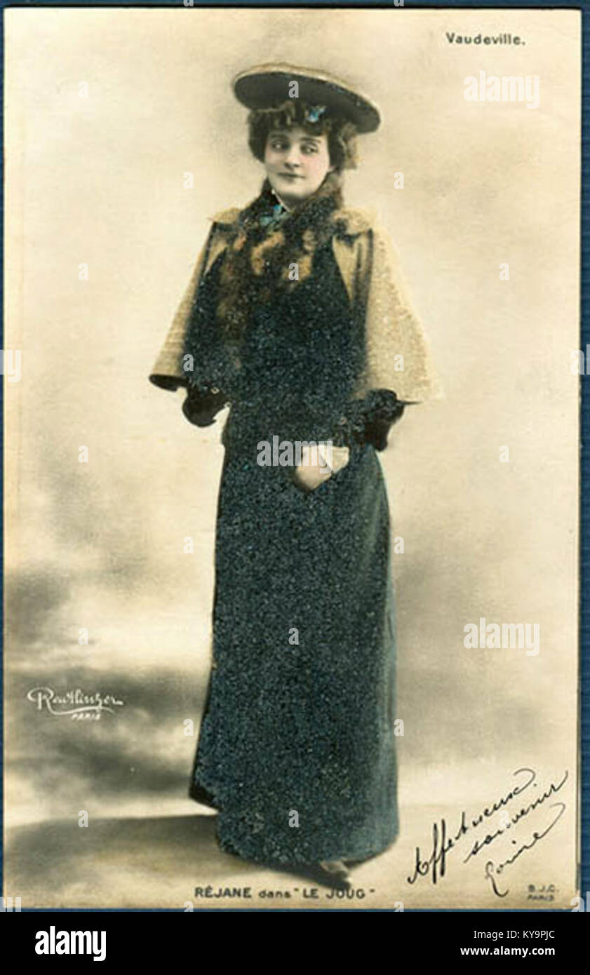 Ein Porträt der französischen Schauspielerin Réjane, aufgenommen von dem renommierten Fotografen Reutlinger im Jahr 1904. Das Bild fängt die Eleganz und Ausstrahlung der Schauspielerin ein, die Anfang des 20. Jahrhunderts eine prominente Figur im Pariser Theater war. Stockfoto