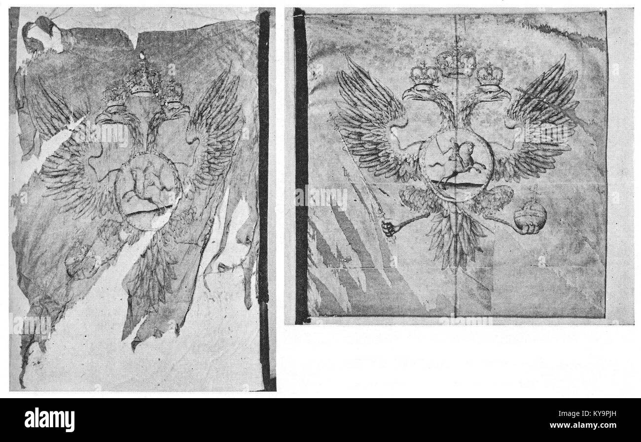 Ein historisches Banner mit einem doppelköpfigen Adlersymbol, das heraldische und militärische Insignien aus der Region darstellt. Stockfoto