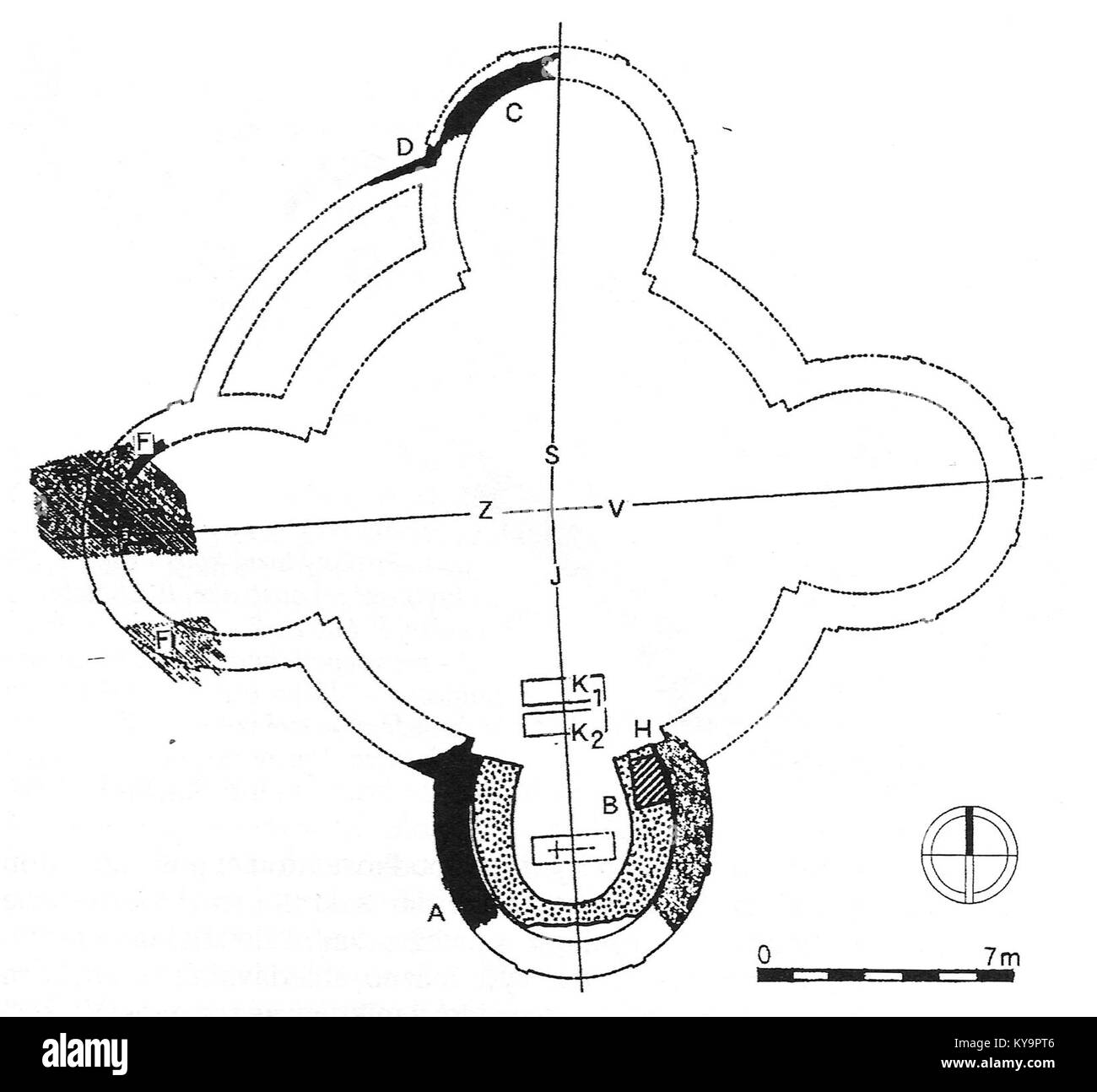 Die Rotunde St. Veit in Prag (Tschechische Republik) ist ein frühromanisches Bauwerk, das vor 935 n. Chr. unter der Přemyslid-Dynastie erbaut wurde und sich durch seine historische und architektonische Bedeutung auszeichnet. Stockfoto