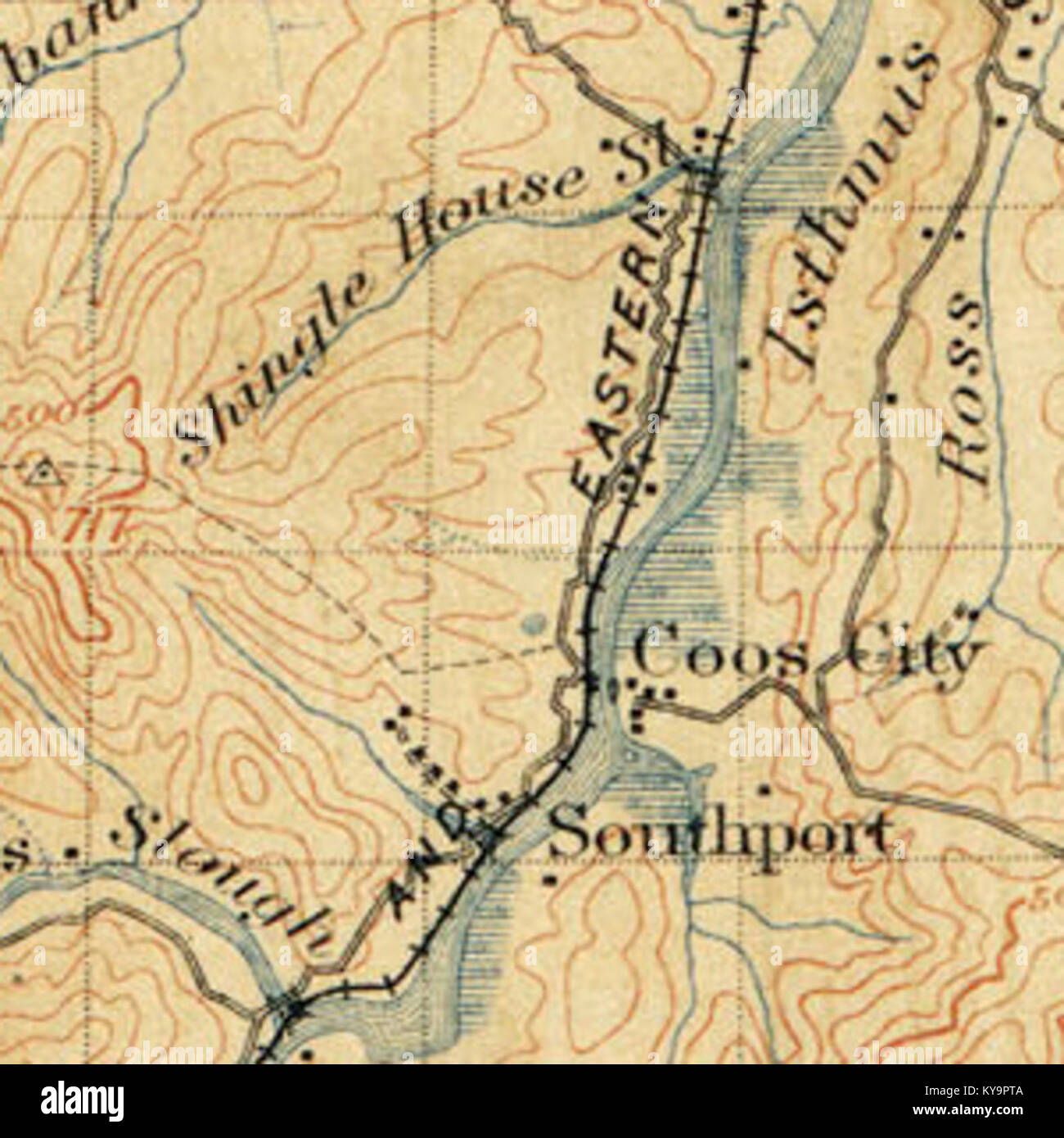 Diese topografische Karte von Southport und Coos City im US-Bundesstaat Oregon aus dem Jahr 1896 zeigt Straßen, Gebäude, Gelände, und regionale geographische Merkmale für die Stadt- und Raumordnung. Stockfoto