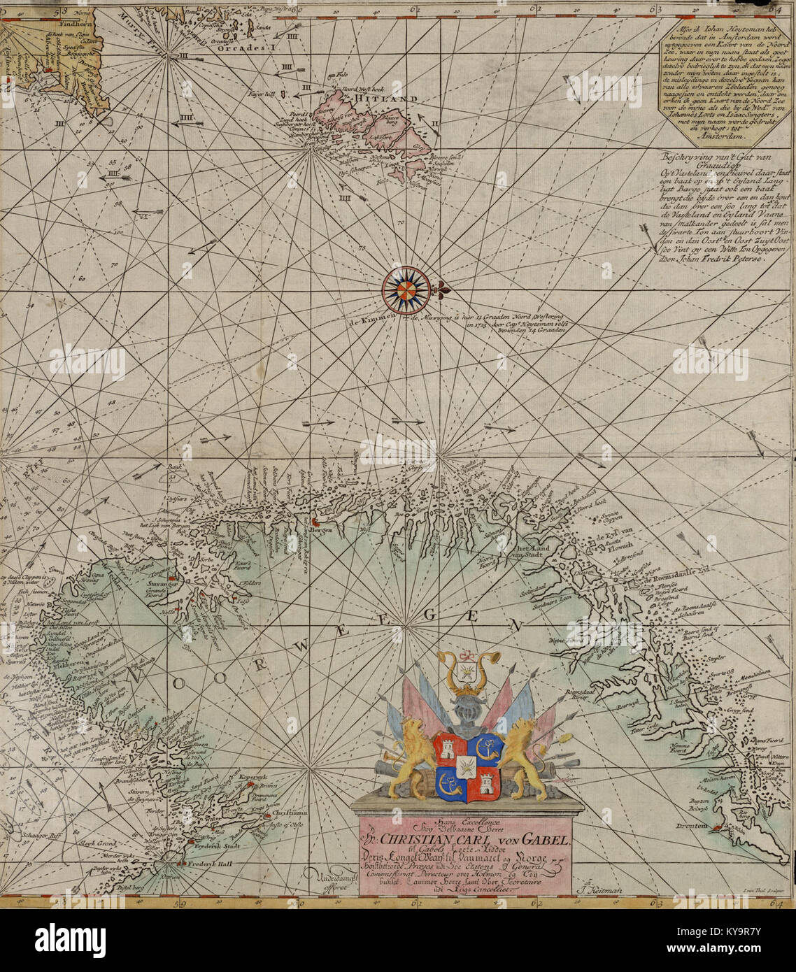 Dieses Bild zeigt eine Darstellung der Nordsee mit Fokus auf der rechten Seite des Gebiets. Sie hebt die natürliche Schönheit und Geographie des Meeres hervor, möglicherweise Teil einer größeren historischen oder geografischen Studie. Stockfoto