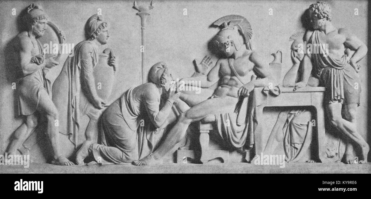 Dieses Kunstwerk zeigt eine Szene aus Homers Ilias, in der Achilles Hectors Körper nach der Niederlage entehrt und einen entscheidenden Moment in der griechischen Mythologie und klassischen Kunst darstellt. Stockfoto
