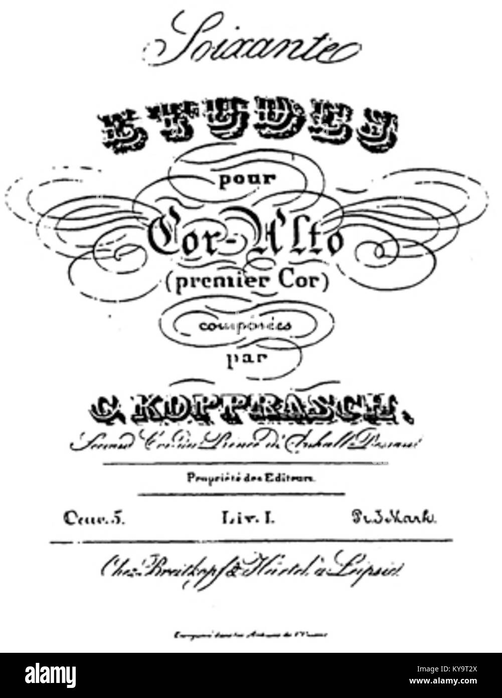 Soixante études für Althorn von Kopprasch ist eine Sammlung von sechzig technischen Übungen, die für Blechbläser entwickelt wurden, um Technik, Ton und Musikalität zu entwickeln. Stockfoto