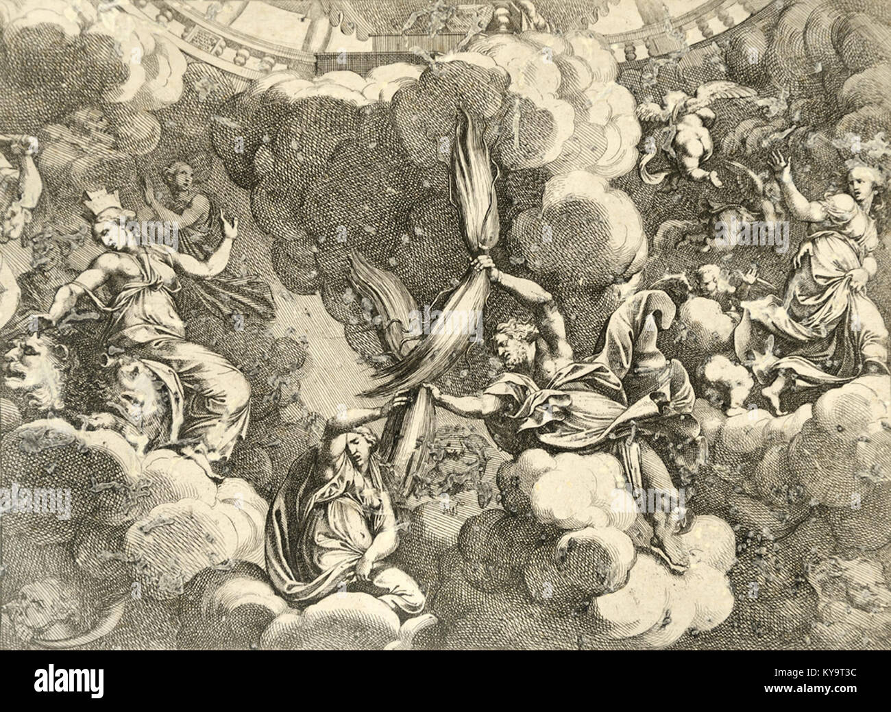 Dieser Stich von Pietro Santi Bartoli zeigt Jupiter mit Blitzen, mythologisches Motiv, dynamische Pose und barocken künstlerischen Stil. Stockfoto