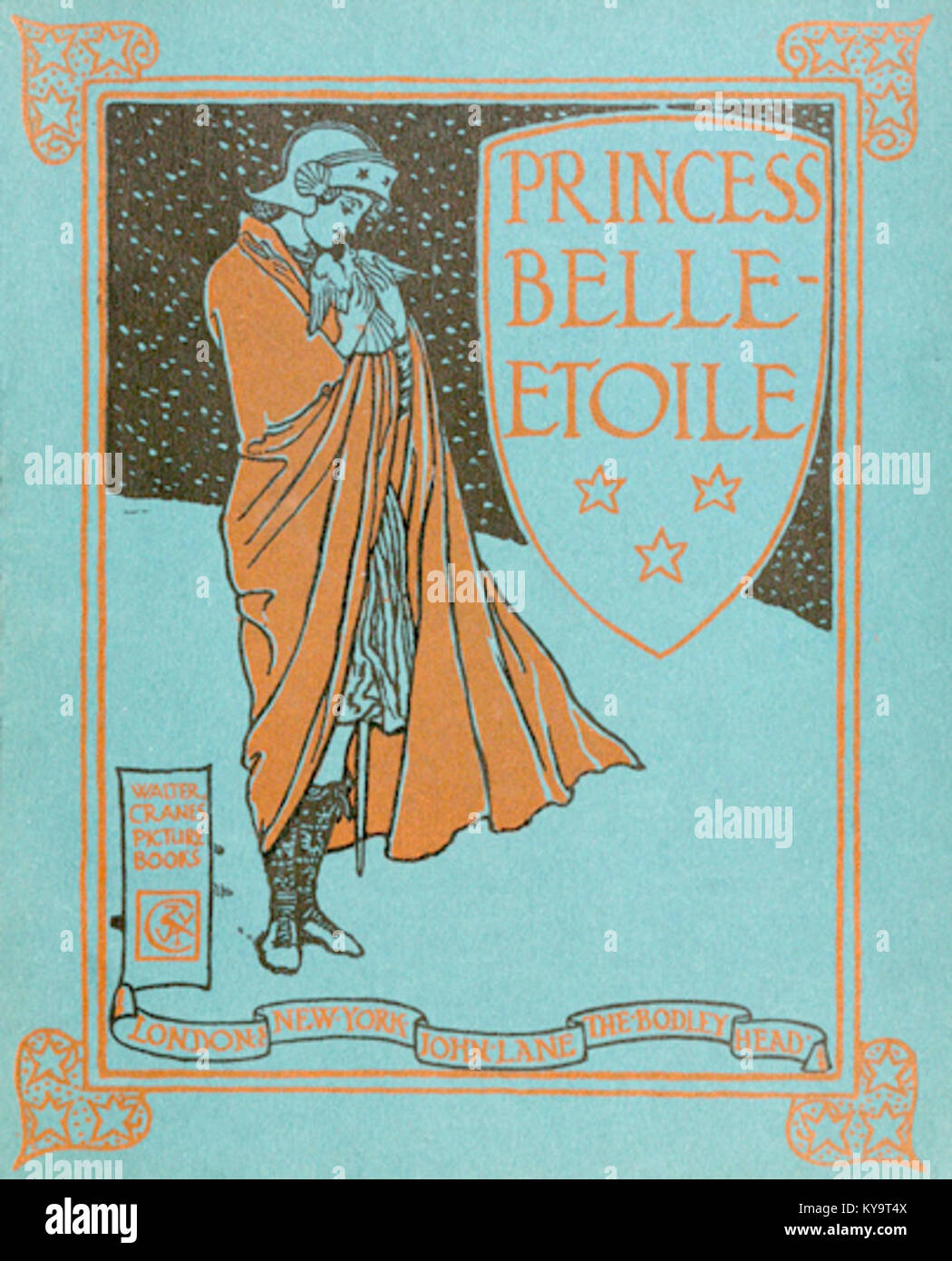 Diese Illustration von Walter Crane mit dem Titel *Prinzessin Belle Etoile* zeigt die charakteristische Verwendung detaillierter Linienarbeiten und lebendiger Farben. Es wurde als Cover-Art für ein Buch geschaffen, das Cranes Können in der Illustration von Kinderbüchern widerspiegelt. Stockfoto