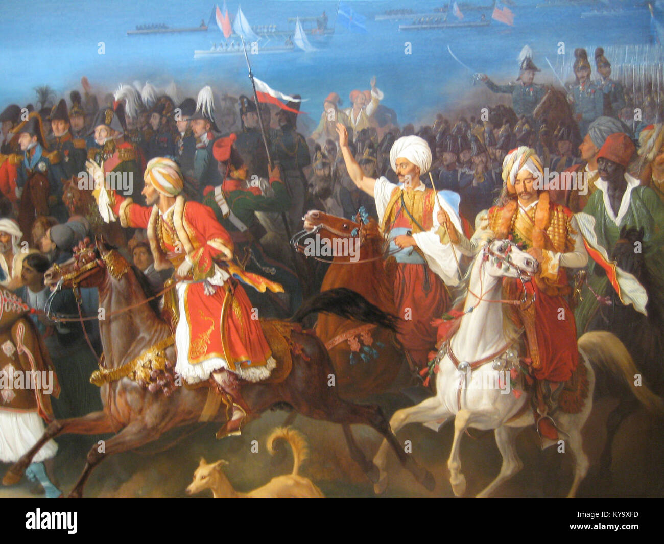 Peter von Hess’ Gemälde fängt den historischen Einzug von König Otto von Griechenland in Nauplia ein und veranschaulicht die königliche Prozession und die Bedeutung des Ereignisses im Griechenland des 19. Jahrhunderts. Stockfoto