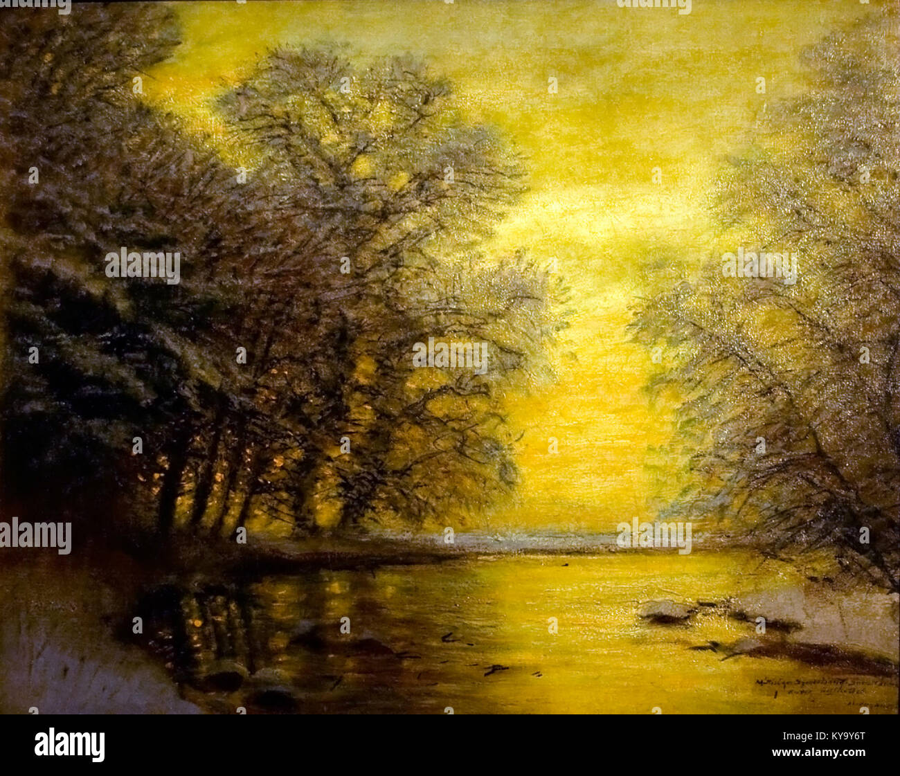 „Winterlandschaft“ von László Mednyánszky zeigt eine schneebedeckte Szene mit natürlichen Elementen wie Bäumen, Schnee und Himmel, die realistische Landschaftsmalerei und ungarische künstlerische Tradition widerspiegeln. Stockfoto