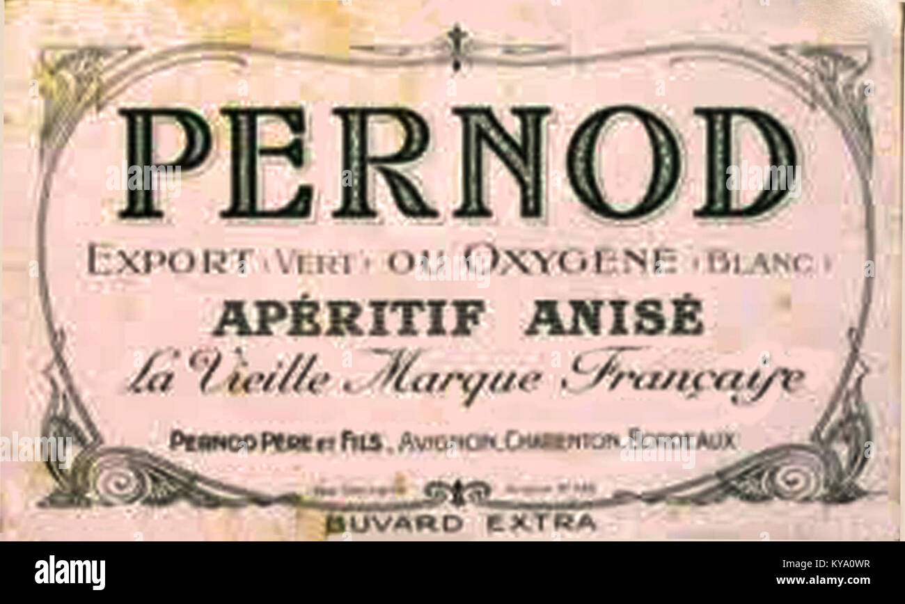 Label und Branding für Pernod Père et Fils, ein historisches französisches Unternehmen, das für die Herstellung von Spirituosen und Likören mit Anisgeschmack im 19. Und 20. Jahrhundert bekannt ist. Stockfoto