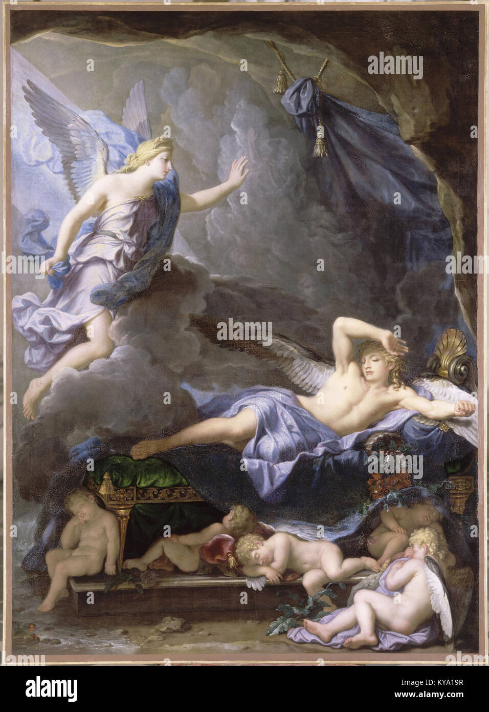 Dieses Gemälde von René-Antoine Houasse aus dem Jahr 1690 zeigt Morpheus, das mit Iris erwacht, und veranschaulicht barocke mythologische Kunst, Komposition und französische Maltechniken des 17. Jahrhunderts. Stockfoto