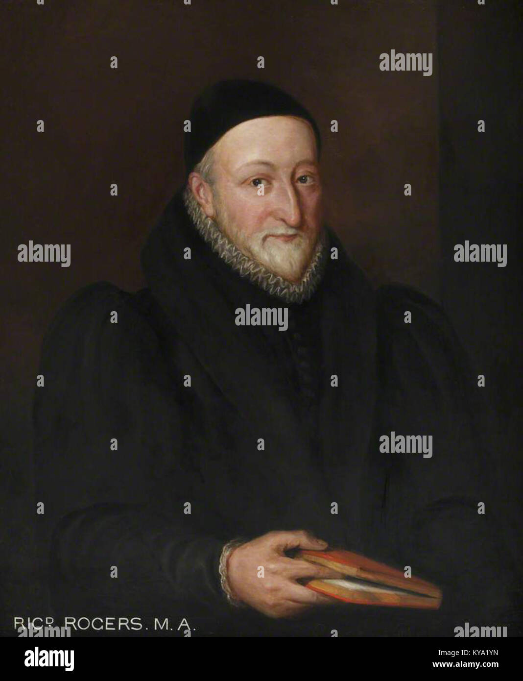 Porträt von Richard Rogers (1550–1618), das sein Aussehen, seine Kleidung und seine Bedeutung als englische politische und historische Figur im späten 16. Und frühen 17. Jahrhundert hervorhebt. Stockfoto