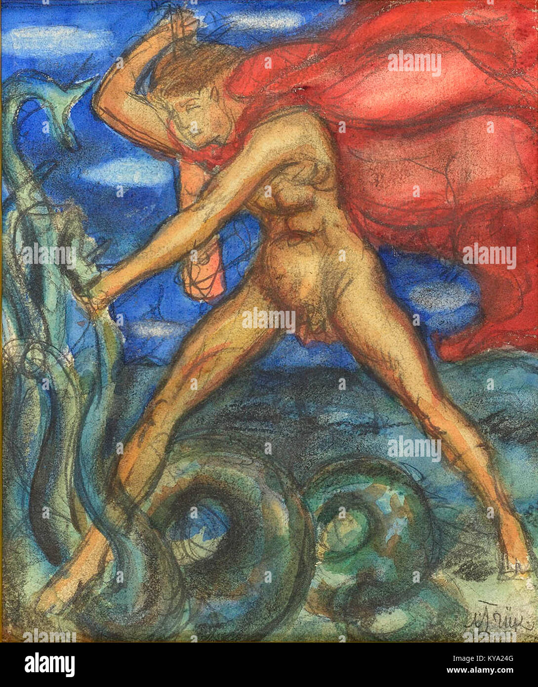 „Võitlus hydraga“ ist ein Gemälde des estnischen Künstlers Nikolai Triik, das eine mythologische Szene des Kampfes mit der Hydra darstellt und estnische Kunst und symbolische Themen des frühen 20. Jahrhunderts illustriert. Stockfoto