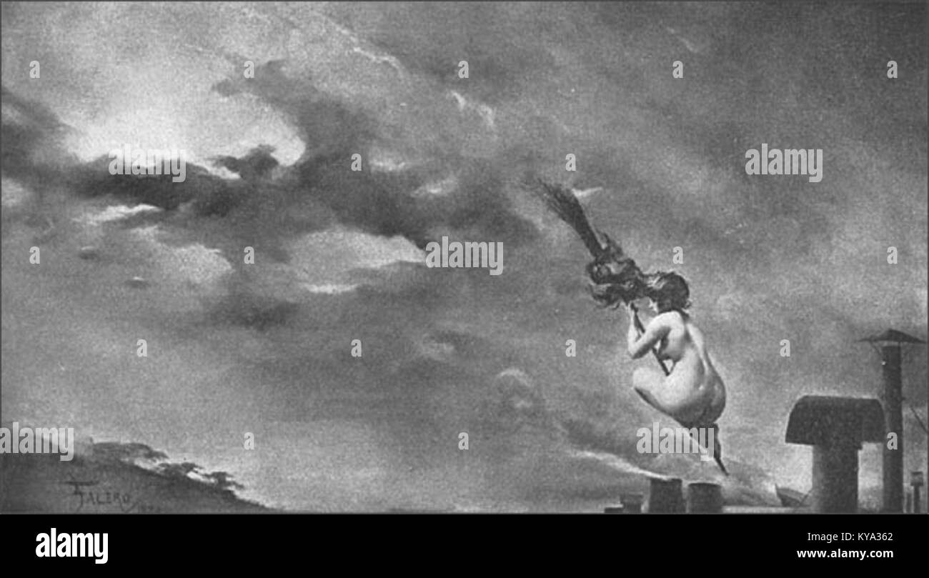 Das Gemälde von Luis Ricardo Falero mit dem Titel „die verspätete Hexe“ zeigt eine übernatürliche Figur in der europäischen Kunst des 19. Jahrhunderts und veranschaulicht den Fokus des Künstlers auf mythologische und fantastische Themen. Stockfoto