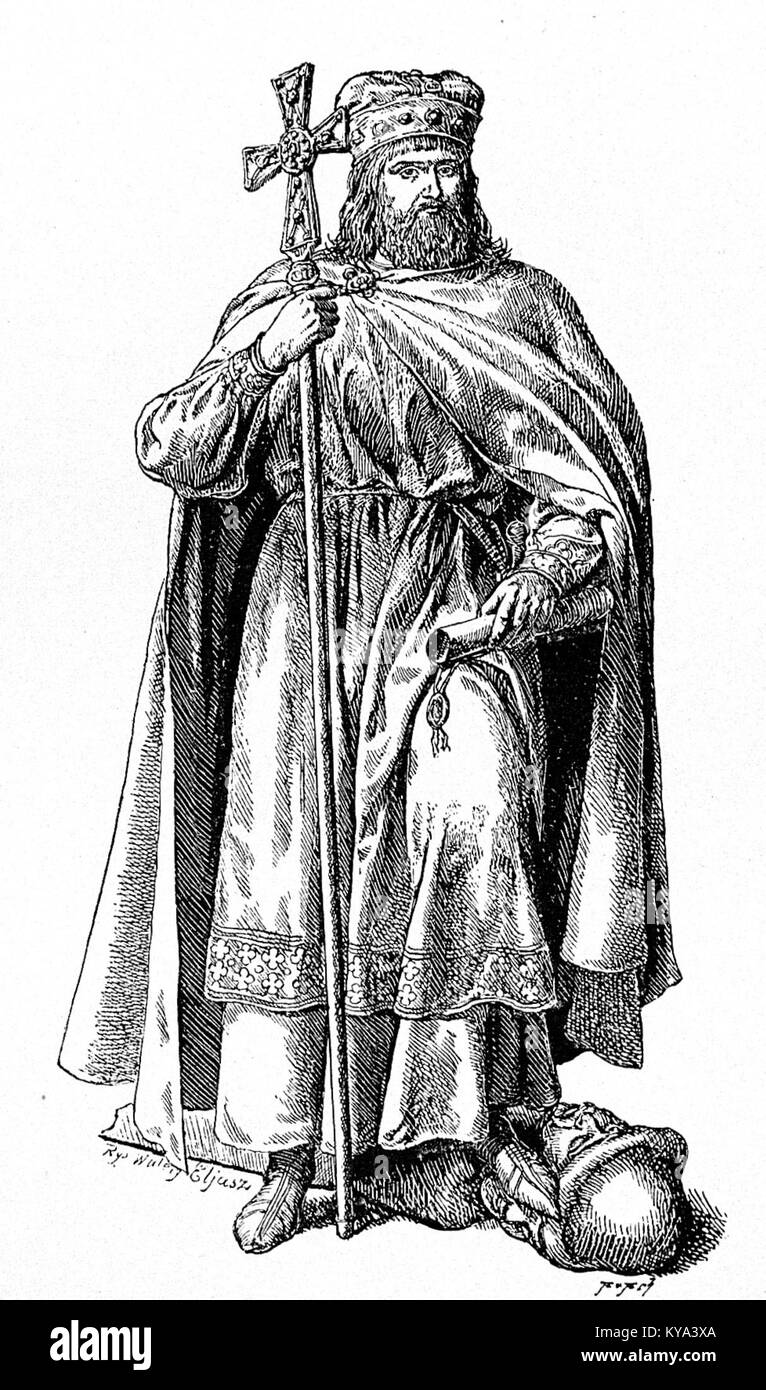 Porträt von Mieczysław I. von Walery Eljasz-Radzikowski mit Kleidung, Insignien und Merkmalen des polnischen Monarchen. Stockfoto