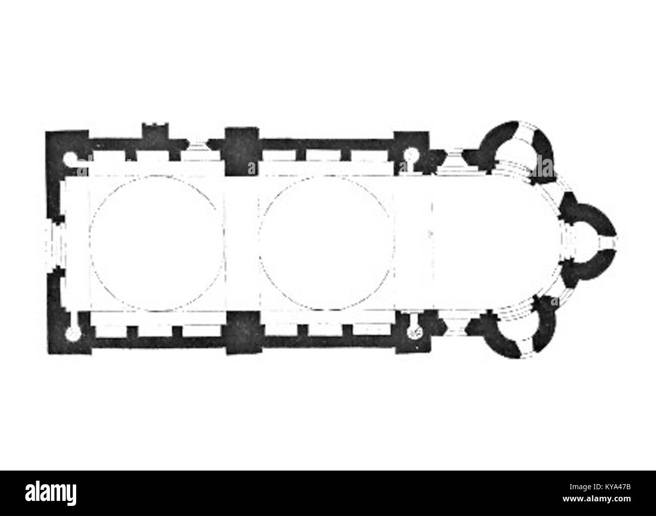 Dieser modifizierte Plan einer Kathedrale zeigt architektonische Grundrisse, strukturelle Elemente und Gestaltungsmerkmale, die beim Bau des religiösen Gebäudes verwendet wurden. Stockfoto