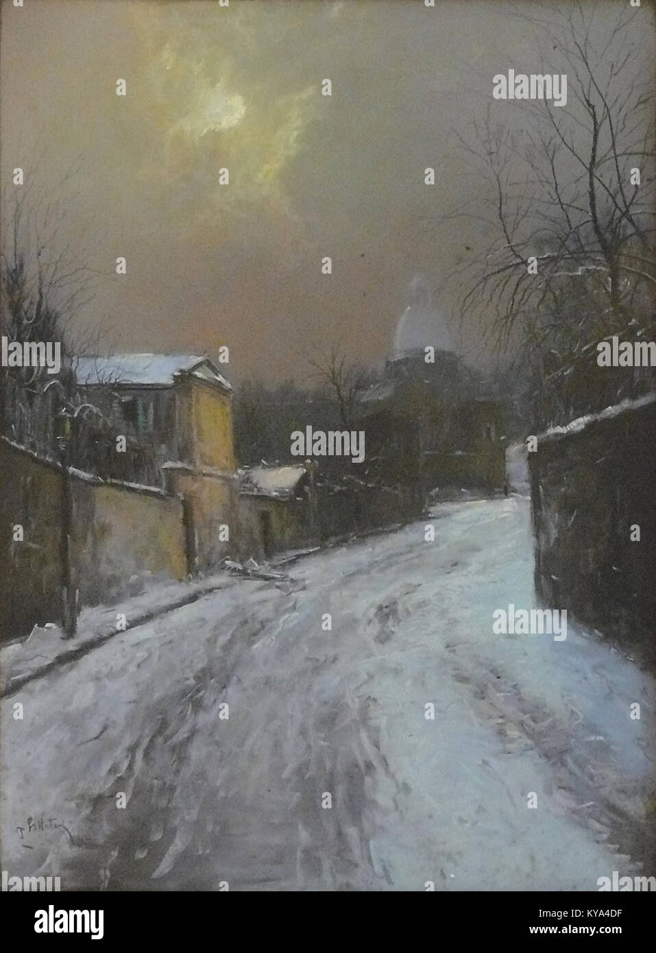 Pastellkunstwerk „Neige, Montmartre“ von P.J. Pelletier, das verschneite Straßen von Montmartre, Paris, darstellt und die urbane Winterlandschaft und das Pariser Leben im frühen 20. Jahrhundert hervorhebt. Stockfoto