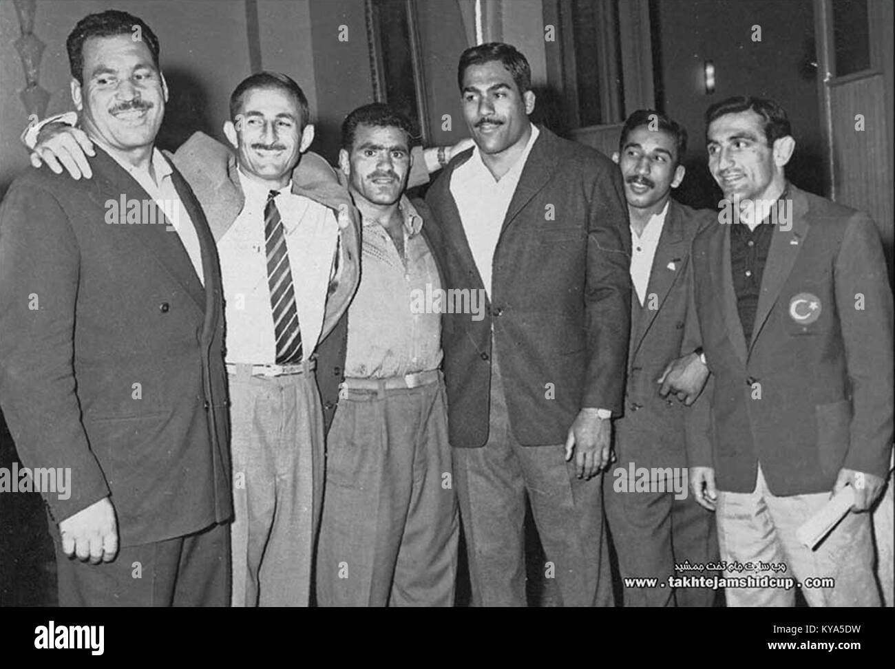 Foto der Ringkämpfer Mustafa Dağıstanlı, Parviz Cyruspour, Mansour Mehdizadeh, Ahad Vafadar, Vakhtang Balavadze, und Yaghoub Ali Shourvarzi, Vertreter internationaler Wrestling-Athleten und Wettbewerbe. Stockfoto