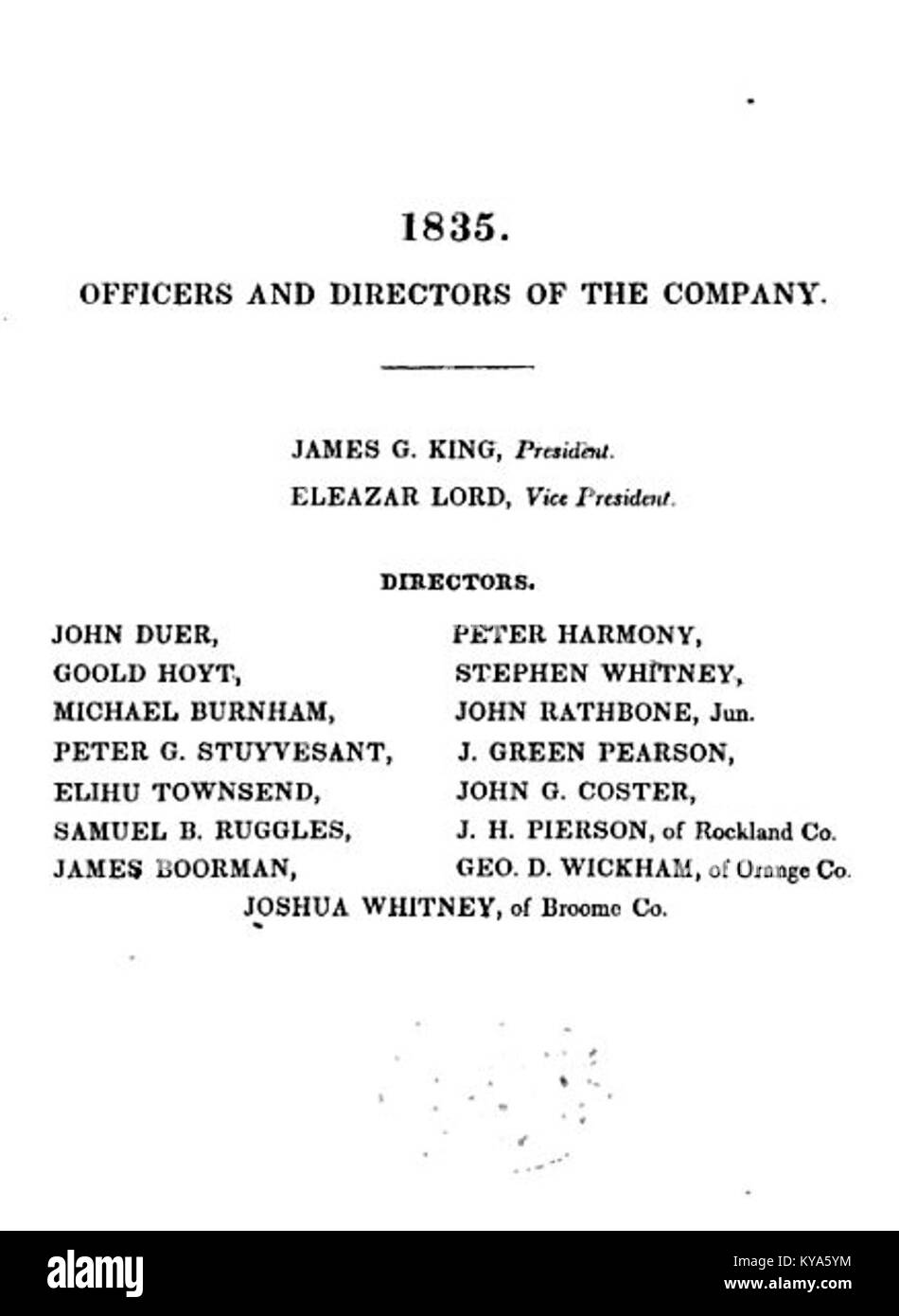 Dieses historische Foto zeigt die Offiziere und Direktoren der New York and Erie Railroad Company im Jahr 1835 und hebt die frühe amerikanische Eisenbahnverwaltung und Unternehmensführung hervor Stockfoto