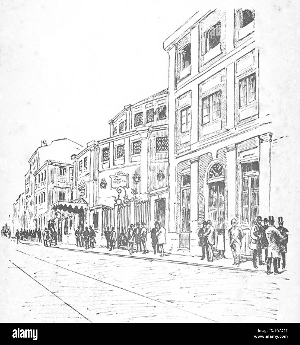 Eine historische Illustration des Teatro del Príncipe Alfonso von Juan Comba, die die Architektur und kulturelle Bedeutung des Theaters in Spanien darstellt. Stockfoto