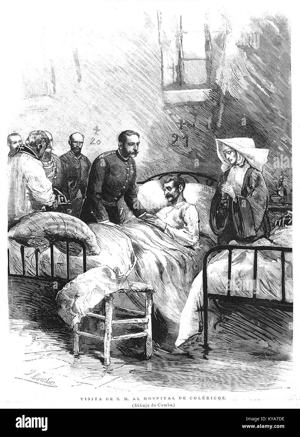 Eine historische Illustration, die König Alfonso XII. Von Spanien im Jahr 1885 das Cholera-Krankenhaus in Aranjuez, Spanien, zeigt. Stockfoto