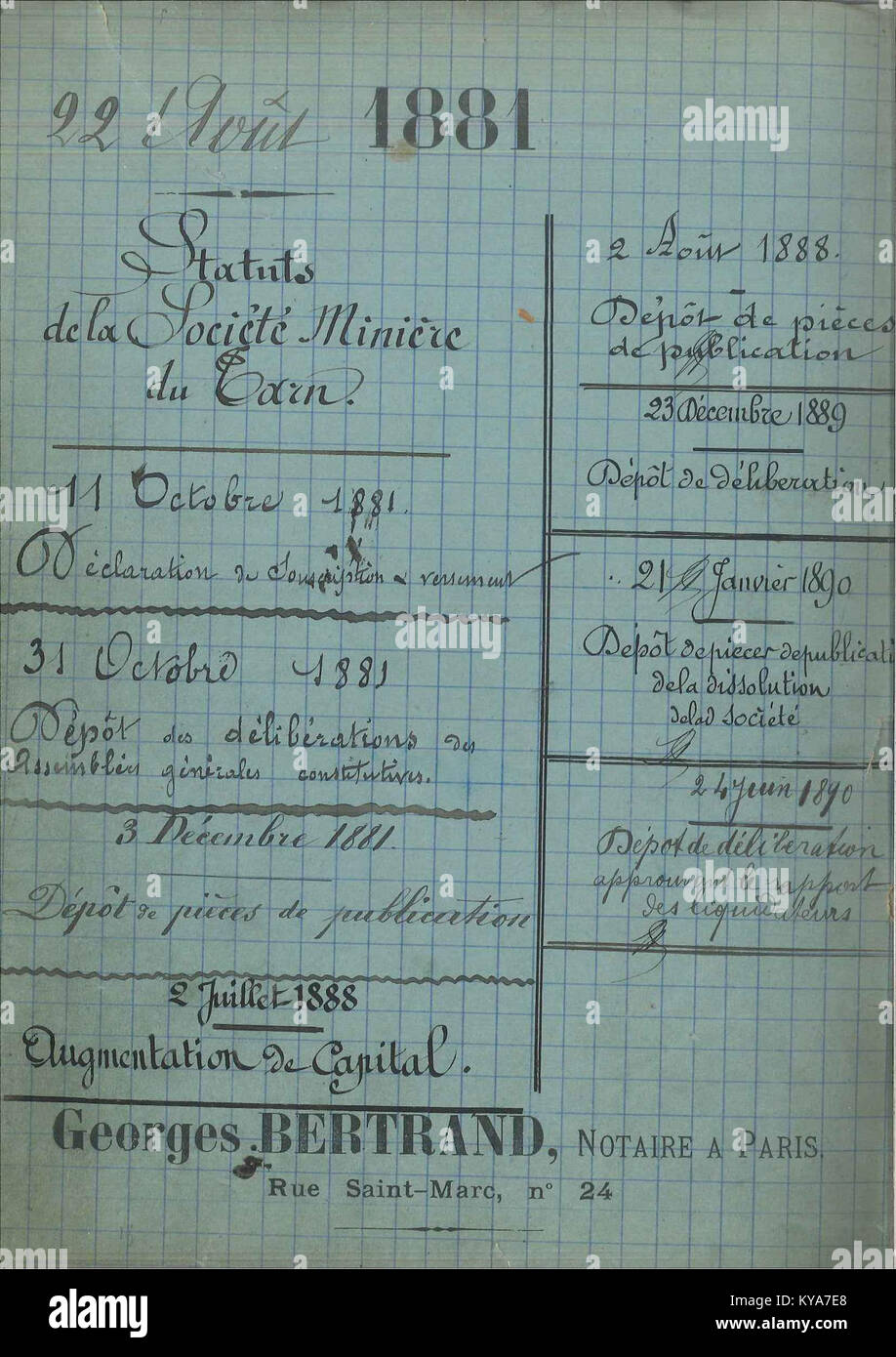Vorschriften und Rahmen der Tarn-Bergbaugesellschaft in Frankreich, 1843, die die betriebliche und rechtliche Struktur detailliert beschreibt. Stockfoto